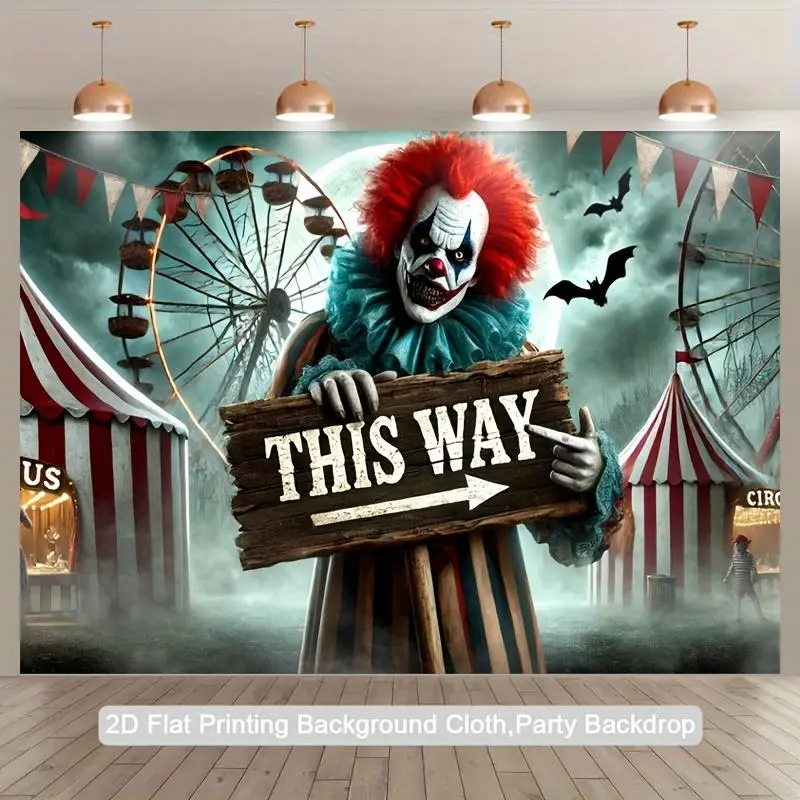 Scary Clown "This Way" Pointing Backdrop Banner - Lightweight Polyester Party Decoration, Circus Carnival/Haunted House Decor, Indoor/Outdoor Photo Studio Prop for Halloween, Birthday