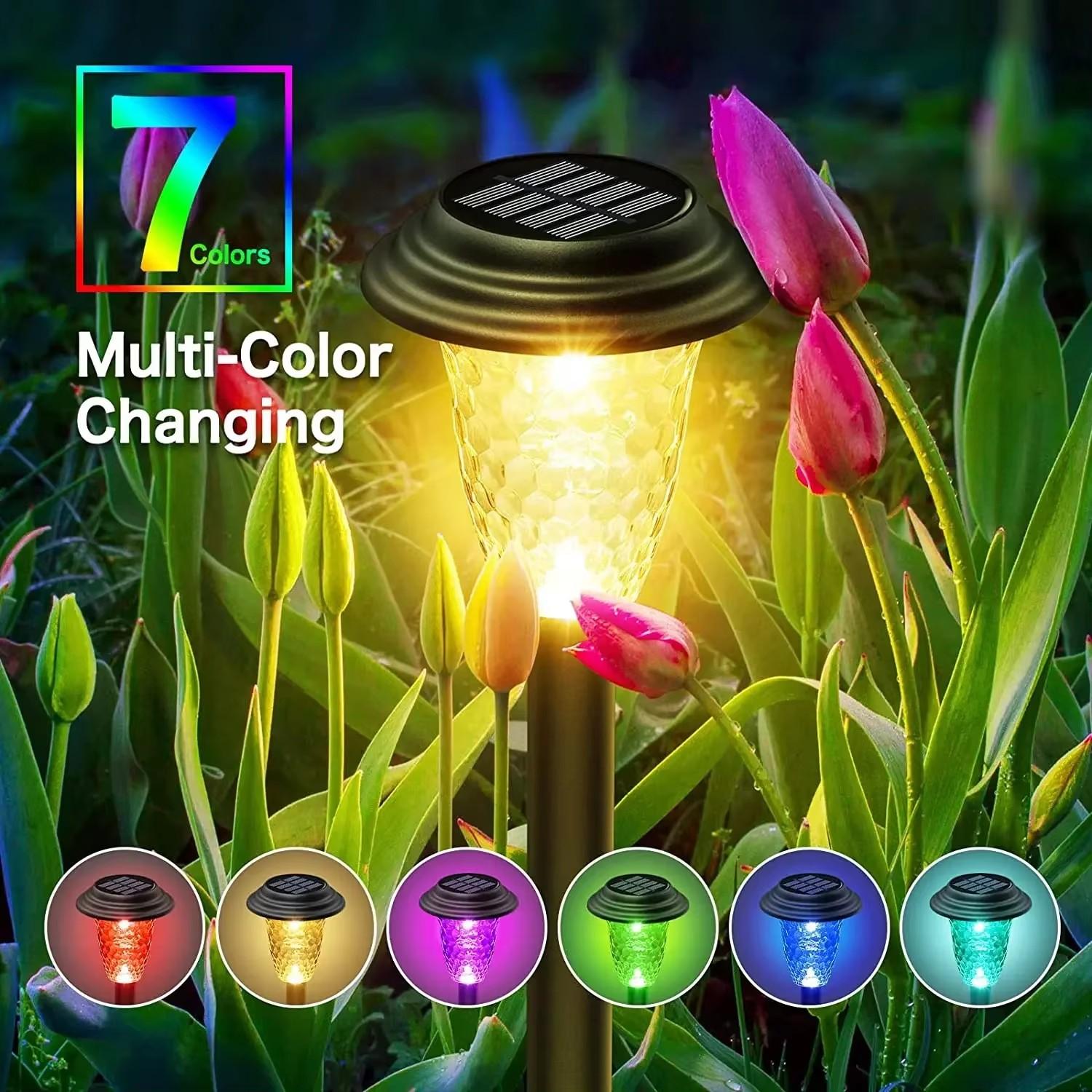 2 Pack Solar Pathway Lights Outdoor RGB Color Changing Warm White IP67 Waterproof LED Solar Garden Path Lights Eco-Friendly Energy Efficient for Gardens