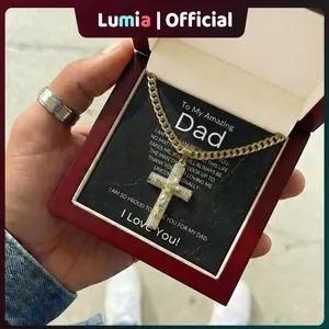 To My Dad Necklace,To Dad Gift, Birthday Gift For Him,Solid Wood Gift Box with LED Light & Card | For Expressing Love, Gift My Dad, My Dad Birthday Gift,Gold Plated Cross Pendant Necklace