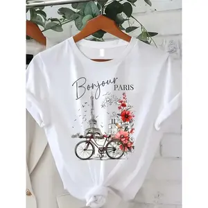 Women's Parisian Floral Print Landmark T-Shirt - Eiffel Tower & Vintage Bicycle Design, White Casual Top, Relaxed Fit, Round Neck, Perfect for Spring/Summer Outfits