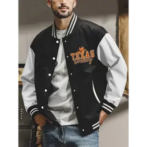 Texas-Inspired Varsity Jacket for Men - Casual Polyester Baseball Collar with Unique Letter Design, Machine Washable