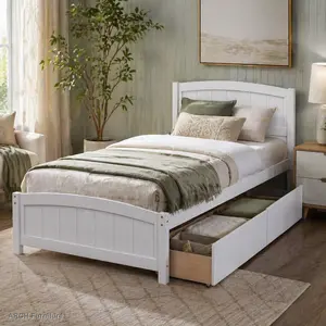 Twin-Size ARCH Platform Bed Frame with 2 Drawers - White Minimalist Bedroom Furniture, Solid Pine Construction, Clean Silhouette