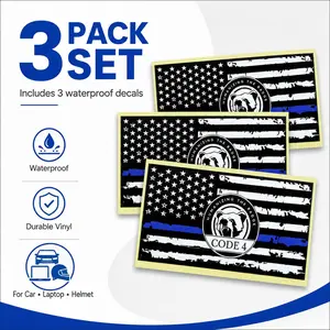 Back the Blue Stickers 3 Pack | Thin Blue Line Code 4 Police Vinyl Decal, 3D Waterproof Car, Laptop & Helmet Sticker, Cop Gift