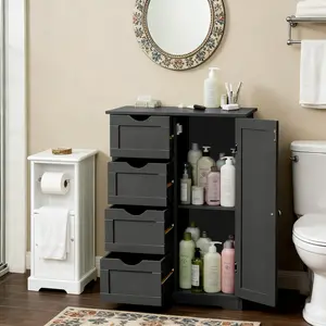 FCH density board painted with spray paint + triamine veneer with vertical lines. 56*30*82.5 cm. 4 drawers, 1 door. Bathroom cabinet.