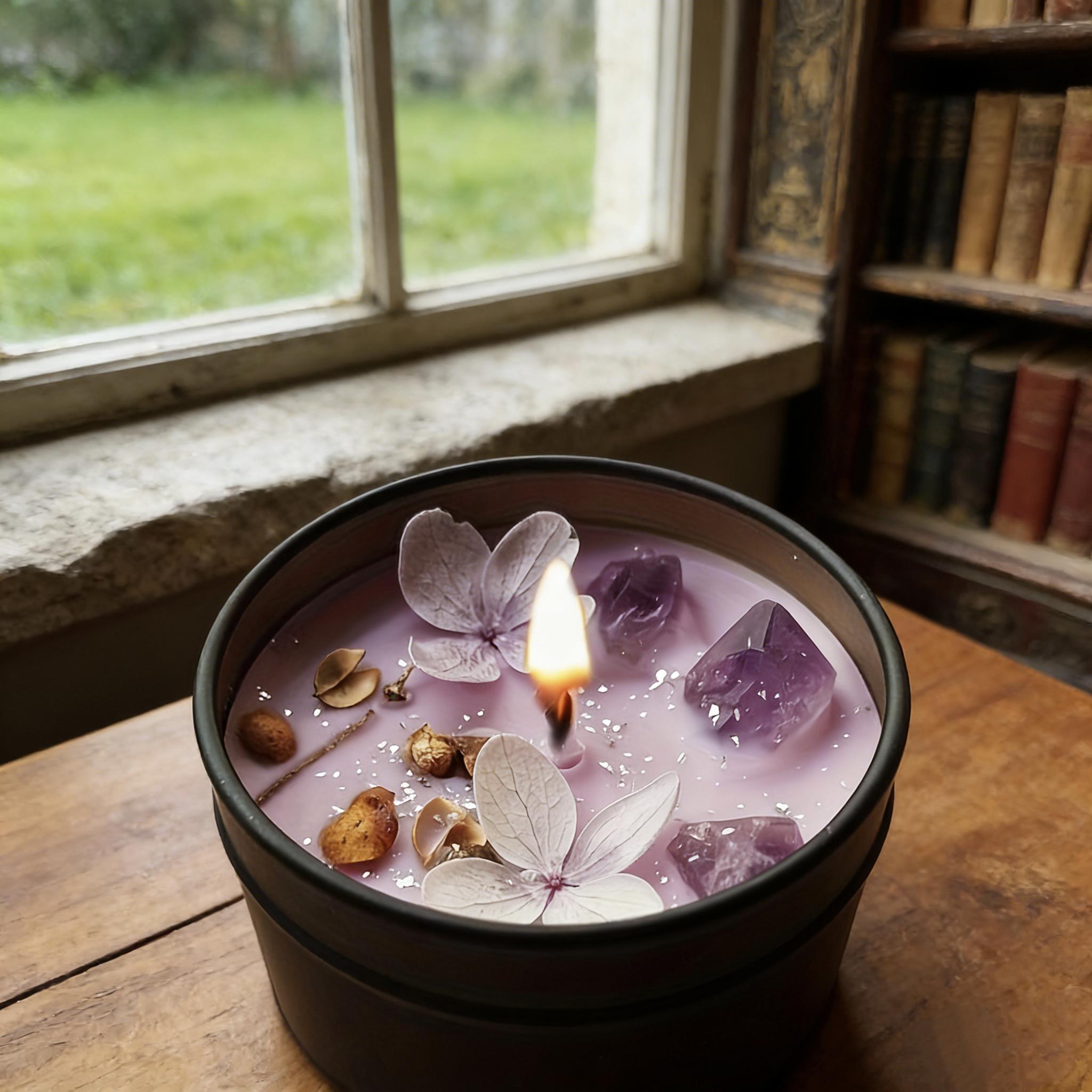 4-piece set of purple amethyst lavender soy wax scented candles with crystal petals embedded, aesthetic fragrance in iron tin candles, home decor for relaxation and gifting, creative/candle making - mold materials