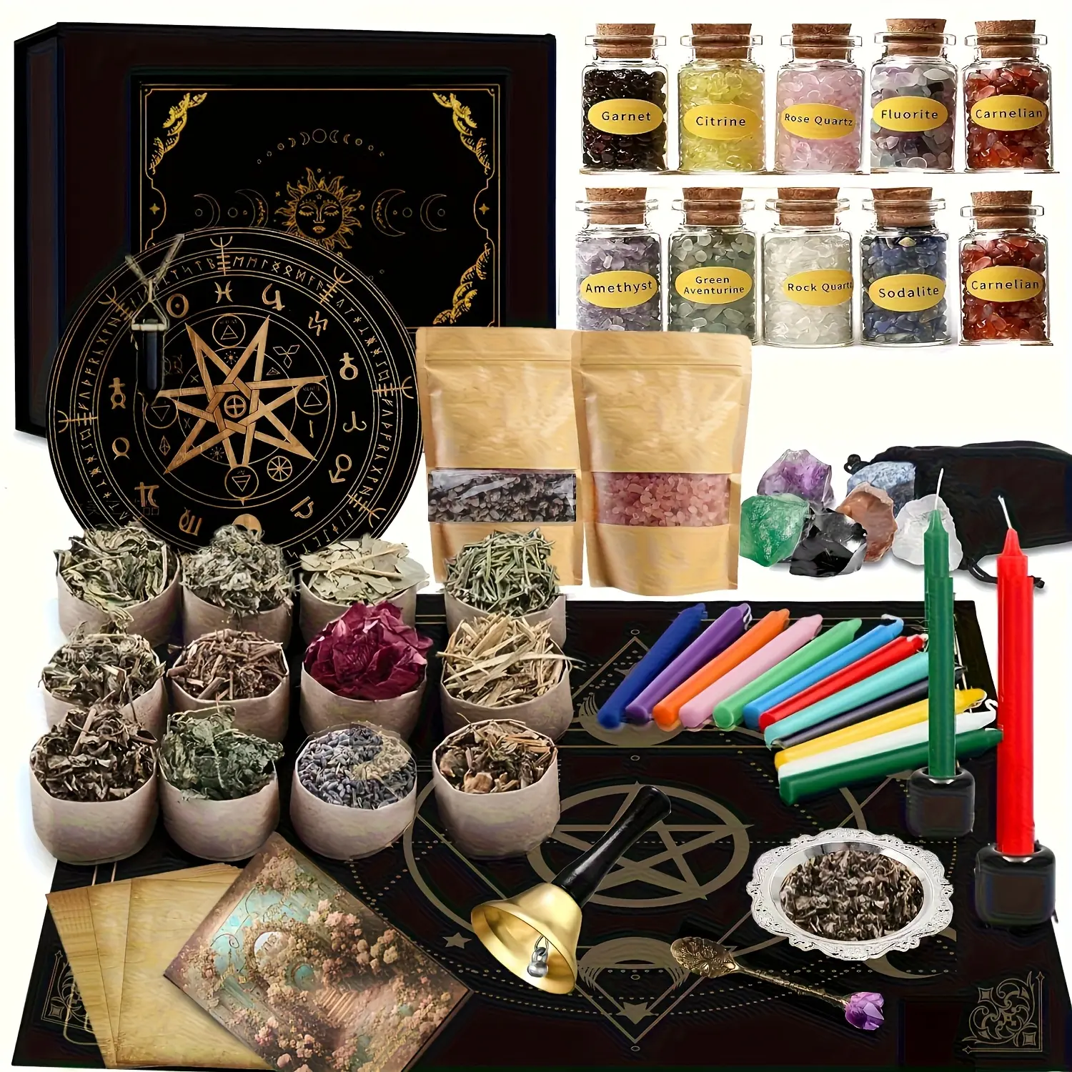 62-piece Beginner's Complete Witchcraft Starter Kit, Witch Altar Supplies Set, includes dried herbs, crystal bottles, ritual candles, pendulum board, altar cloth, ritual bell, black and pink salt, Halloween wizard pagan ritual gift