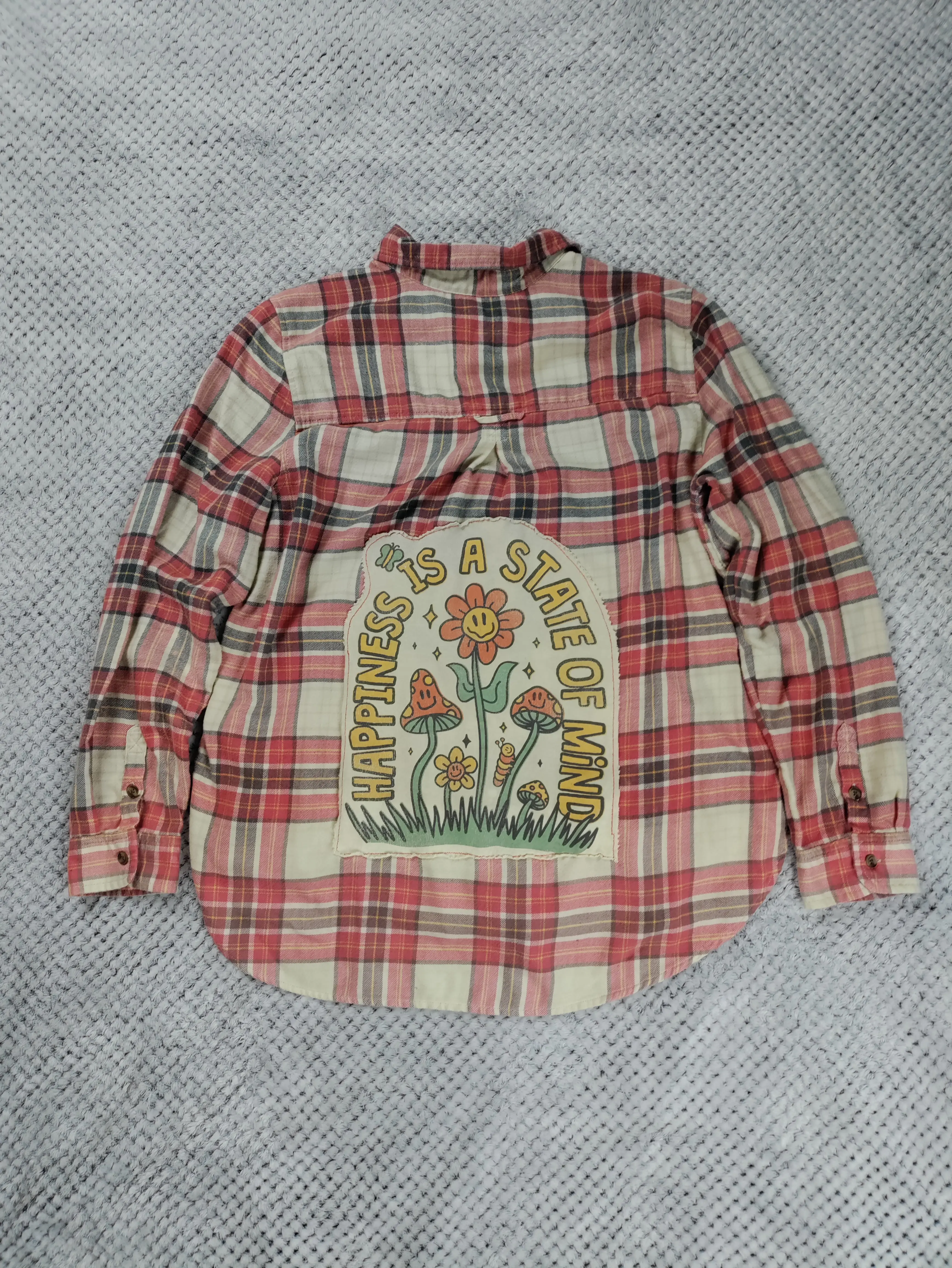Women's Long-Sleeve Flannel Lady Blouse - 2000s Aesthetic 1-Piece Relaxed Fit Soft Fabric Top, Dress Casual "Happiness is a State of Mind" Graphic Shirt, Casual Blouse, Dopamine, Graphic Print, Thrift-Core, Plaid Check, Upcycled Art