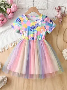 Girls' Short Sleeve Easter Print Mesh Dress, Cute Summer, Party Ready, Comfortable and Stylish, Perfect for Daily Wear, Spring Dresses, Vibrant Print