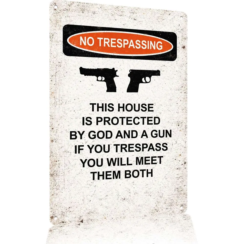 Aluminium Metal Gun Logo Hanging Plaque, Forbidden Trespassing "This Property Subject to God and Gun" Sign, 8x12 in Home Garden Farmhouse Wall Decor