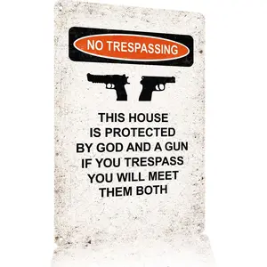 Gun Logo Novelty Metal Aluminum Logo Forbidden Trespassing This Property Subject to God and Gun Logo Garden Yard Home Decoration Farmhouse Art Wall Logo Plaque Size: 8 x 12 inch Hanging Signs