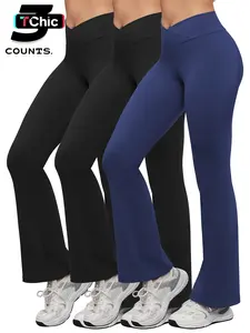 3PCS Women's Bell Bottoms Stretchy High Waist Leggings Cross Design with Pockets, Comfortable Fashion Fit, Ideal for Fitness and Yoga, Daily Wear Preferred, Athleisure Fitness Leggings, Elastic Waist Leggings, Side Pocket Leggings, Yoga Legging Pants