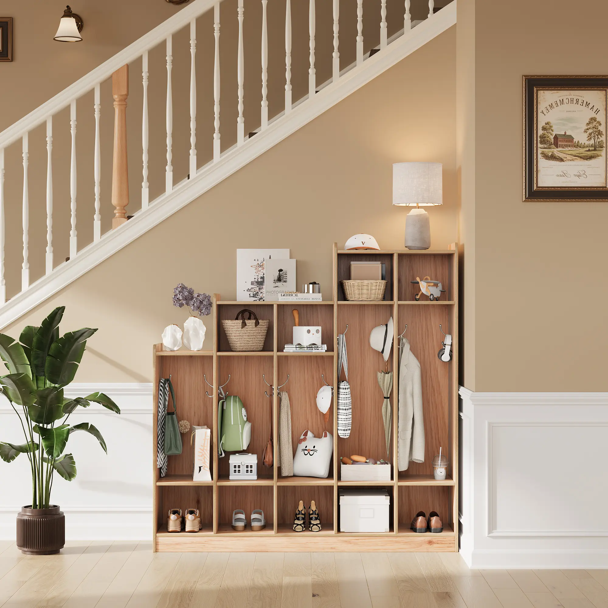 5-Tier Ladder Bookshelf with Top Cabinet - MDF Wood Bookcase with Open Shelves, Stable 47.2"w x 12"d x 47.6"h Tall Narrow Storage Organizer, Natural Oak Finish for Kids’ Nursery, Encourages Reading Love, Promotes Organization Skills