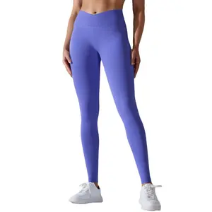 Women's Seamless Knit Yoga Leggings Breathable Solid Color Crossover Waist Peach-Lift Fit Ankle-Length Running Fitness Pants