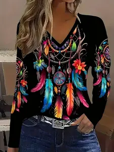 【Plus Size】Bottom Colorful Dreamcatcher Feather Print V Neck Long Sleeve Top, Tiktok Trendy Ethnic Style, Comfortable Loose Fit, All Seasons