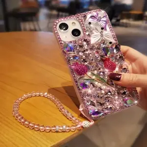 Exquisite 3D Tulip Butterfly Rhinestone Cellphone Phone Case Protector Casing for iPhone 17 16 15 14 Plus 13 12 11 Pro Max with Diamond Chain Protective Cover Phone Decoration