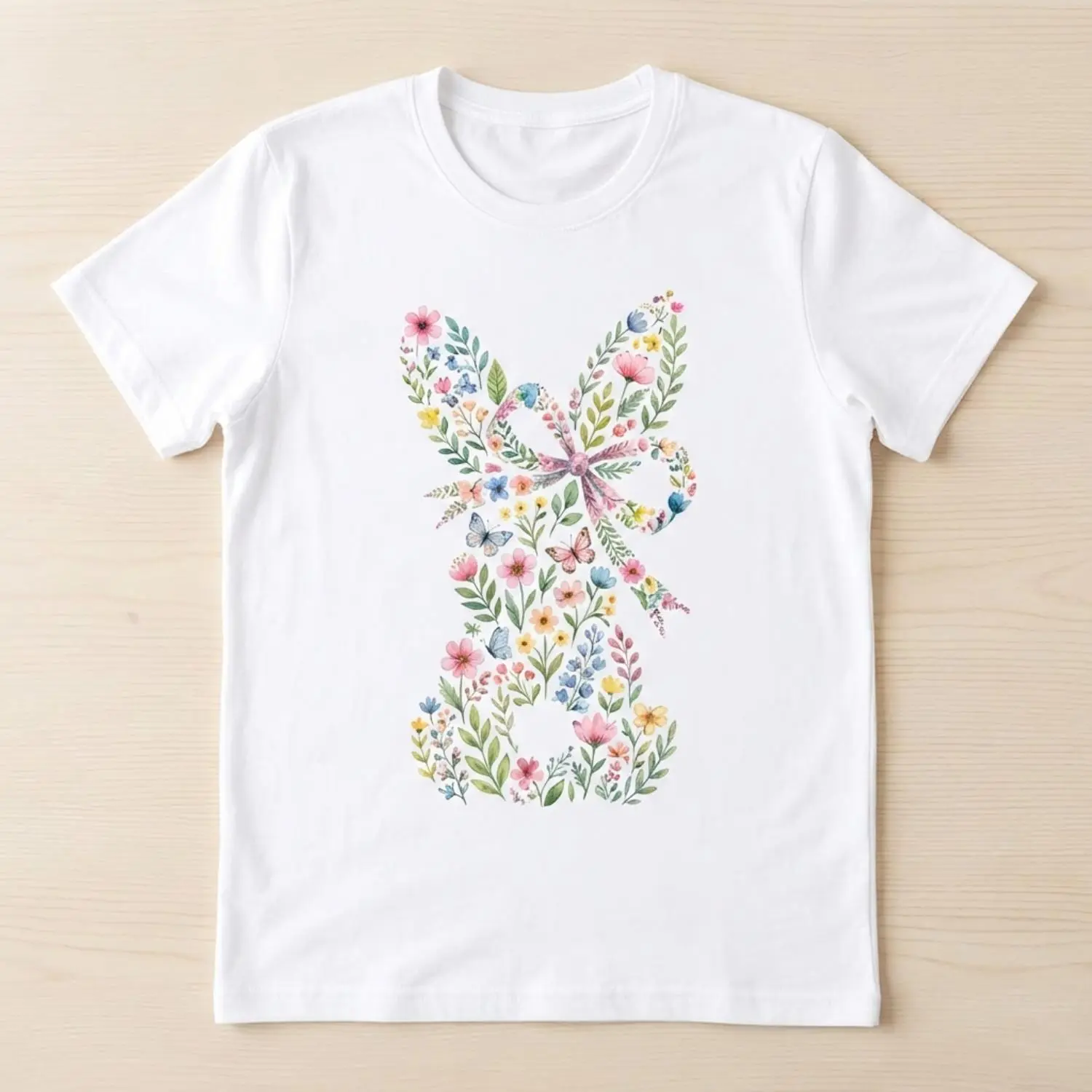 Women Casual Round Neck Short Sleeve T Shirt Featuring Easter Bunny Design with Pink Bow and Colorful Swirls Perfect for Spring Festival and Holiday Wear Adorable Daily Outfit
