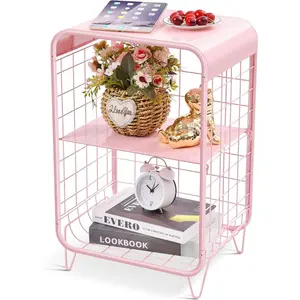 Cute  Pink Nightstand,Metal Side Table,3 Tier End Table with Storage, Bedside Table,Girls Bedroom Furniture for Living Room,Bedroom,Dorm
