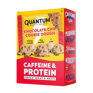 Quantum Energy Square Healthy Protein Energy Bars Chocolate Chip Cookie Dough 8Pk Snack - Organic Caffeine with Balanced Macronutrients, 10g Plant-Based Protein, Vegan, Gluten-Free, Non-GMO