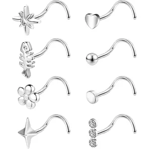 8 count 20G  Nose Rings Studs Set For Women Men, Stainless Steel Small CZ Nose Studs l Shaped Corkscrew Nose