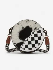 BLACK & WHITE CHECKERED TOOLED COWHIDE LEATHER CANTEEN CROSSBODY BAG