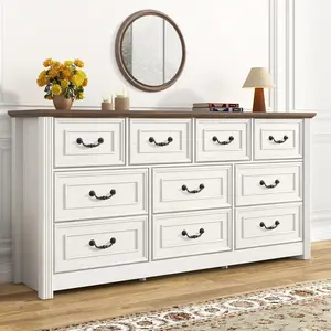 Farmhouse 10 Drawer Dresser for Bedroom, 63” Wood Chest of Drawers with Rustic Handles, Wide Closet Dressers Organizer, Living Room, Hallway, Bedroom Furniture, White/ Brown