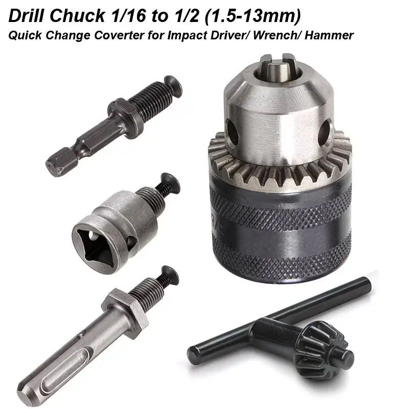 1 Set, 1/16 To 1/2inch (1.5-13mm) Drill Chuck Converter, 1/2"-20UNF Thread Quick Change Adapter With SDS-Plus Shank For Impact Hammer, Hex Shank For Impact Driver, Socket Square Female Adapter For Impact Wrench