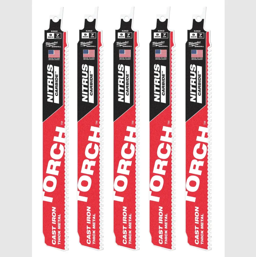 Milwaukee 48-00-5562 5-Pack Thick Stainless Steel SAWZALL Blades, 9" 8TPI Torch Blades for Demolition, Thick Metals & Cast Iron Cuts with Heat Dissipation