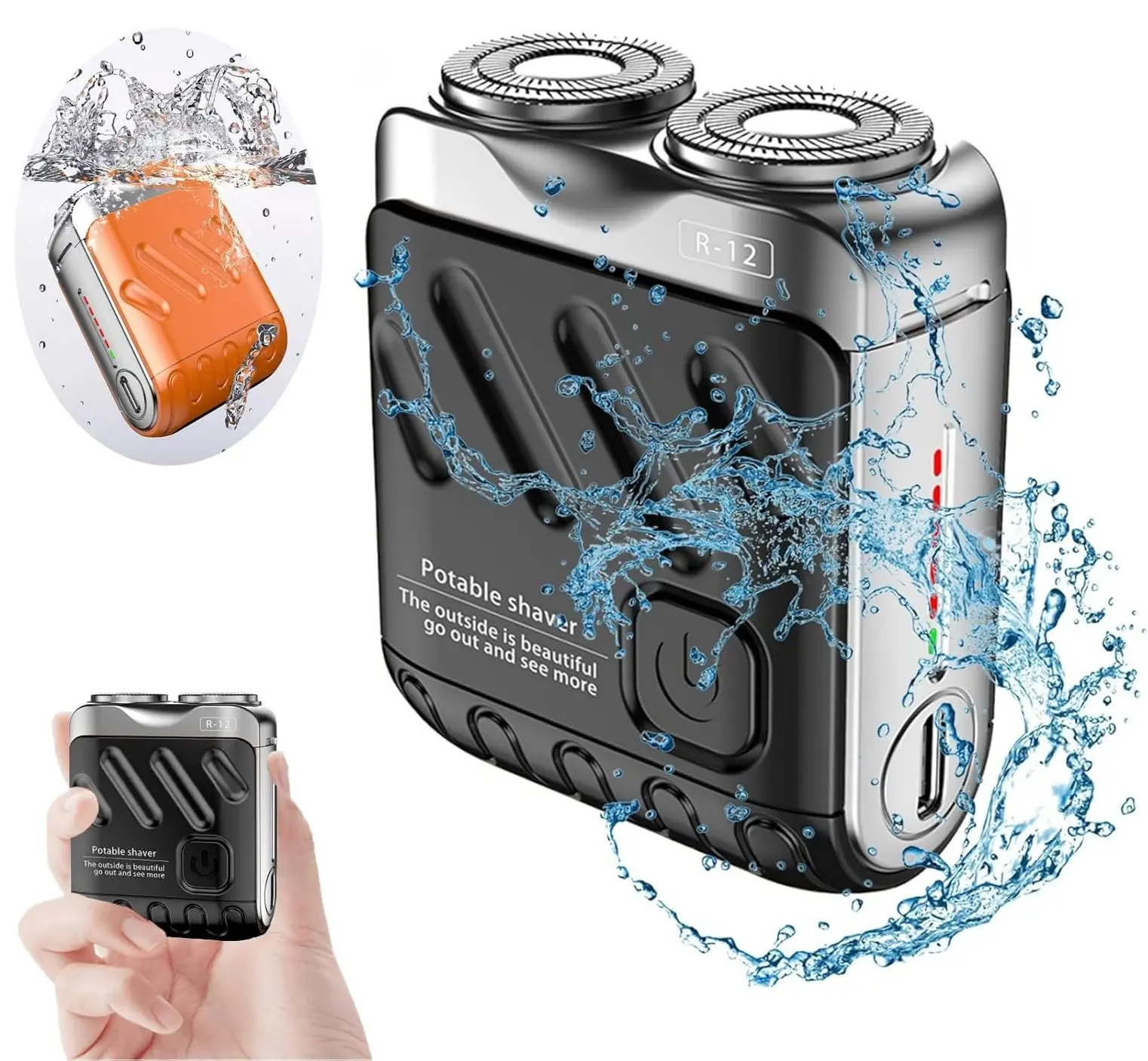 Men's Cordless Portable Electric Shaver R-12, Lightweight Travel-Size, USB Rechargeable Battery, TYPE-C Charger, Double-Ring Magnetic High-Efficiency Cutter, Long Battery Life, No Hair Pulling, Single Item
