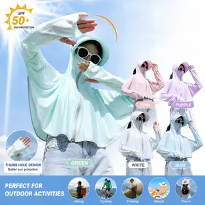 Womens UPF 50 Sun Protection Hoodie Jacket Lightweight Cooling UV Shirt with Full Face Cover Breathable Quick Dry Sunshade Clothing with Thumb Holes for Hiking Fishing Cycling Beach Travel Outdoor