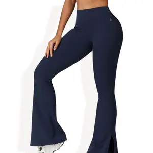 Anna-Kaci Active Women's High Waist Flare Leg Yoga Pants with Side Slit Detail- Medium, Navy