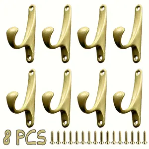 8 Pack Brushed Brass Coat Hooks – Heavy Duty Zinc Alloy Wall Mounted Hooks with Mounting Screws, Decorative Single Prong Hooks for Hanging Coats, Hats, Towels, Bags, Keys, Bathroom, Bedroom, Entryway and Home Improvement Projects