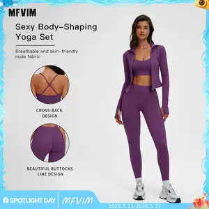 Women's Solid Criss Cross Crop Tank Top & High Waist Leggings & Zip Up Crop Jacket Set by MFVIM - Breathable Activewear, Comfortable Outfits for Yoga, Gym, Workouts, and Running