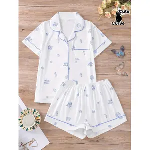 Plus Size 2pcs Ocean Theme Seahorse Shell Print Women's Wearable Pajama Set, Short Sleeve Collared Cardigan Top and Loose Elastic Shorts, Casual Four Seasons Sleepwear and Loungewear
