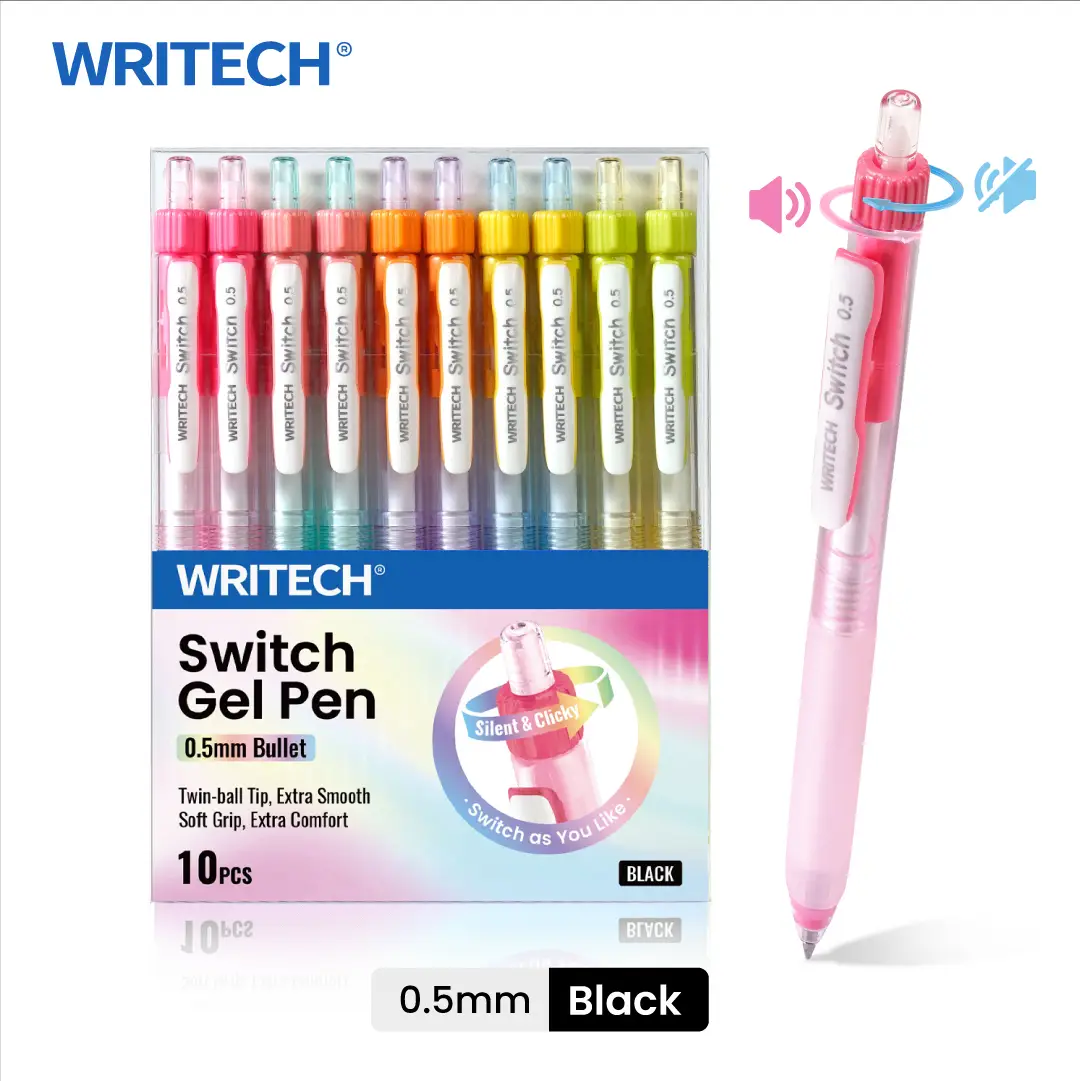 WRITECH Retractable Gel Ink Pens: 0.5mm Black-Ink Switch Between Silent and Clicky Soft Grip Fine Point Pen for Journaling Smooth Writing Quick-dry No