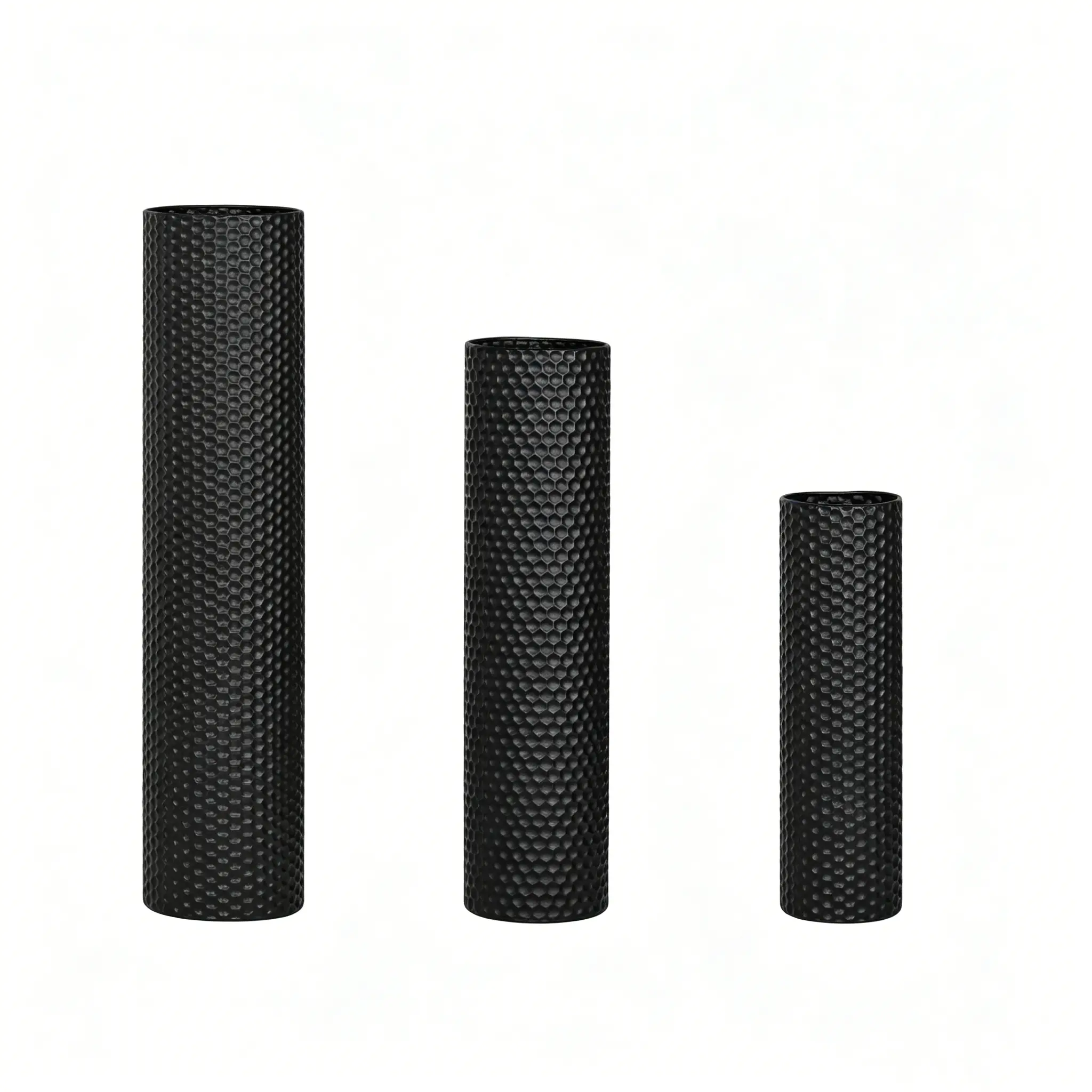 Set of 3 Tall Floor Vases – Black Metal Cylindrical Vases for Living Room Corners, Modern Honeycomb Texture, Extra-Large Standing Décor (Tallest 27.6 in, Home Bedroom Dining Décor)