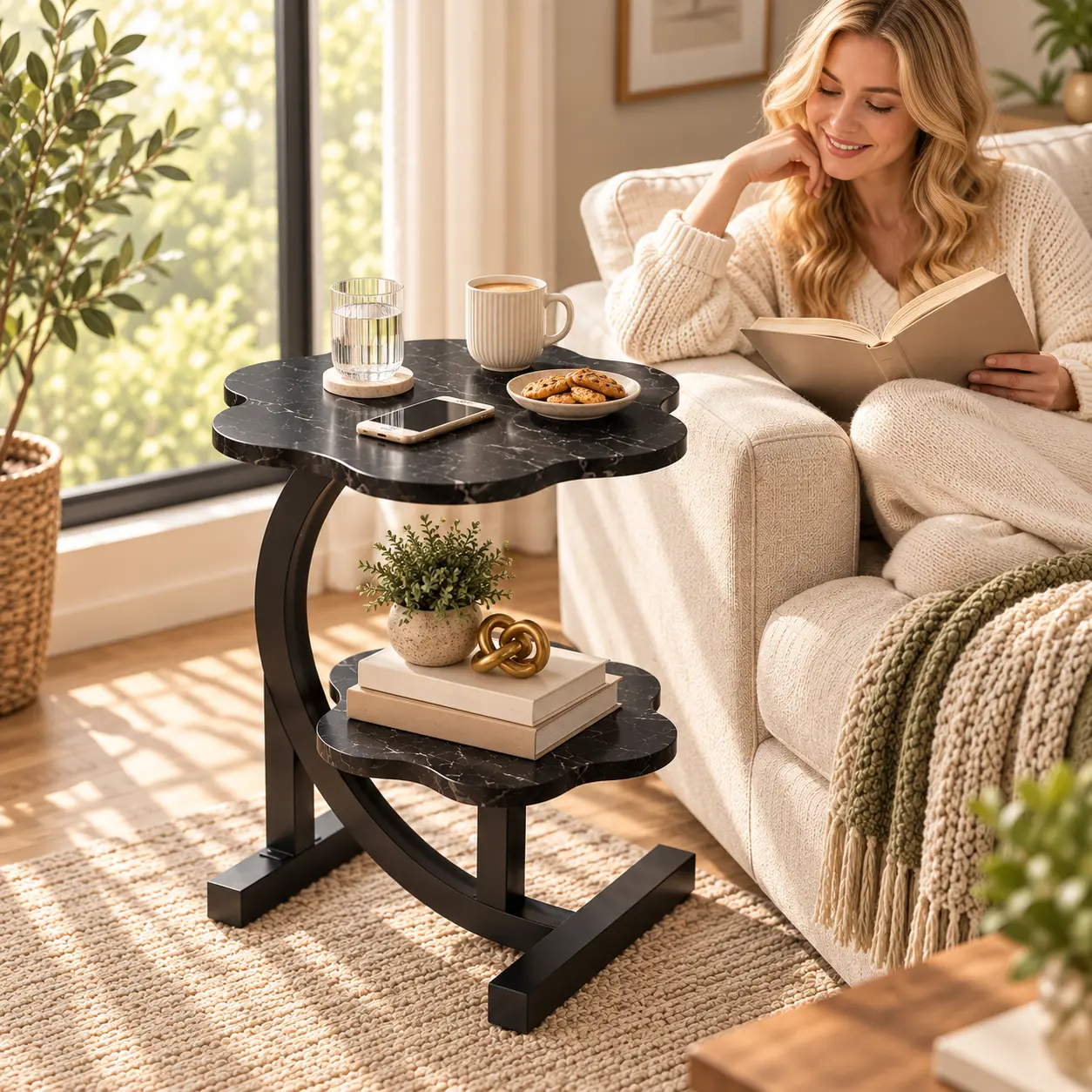 Modern Black Marble Side Table with Two Shelves for Living Room Decor and Storage Solutions