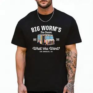 Men'S Big & Tall Graphic T-Shirt - Vintage Ice Cream Truck Design with "BIG WORM's" & "What Chu Want?" Print - Soft Breathable Fabric Casual Short Sleeve Round Neck Tee for Plus Size Men - All-Season Retro Streetwear Summer Leisurewear