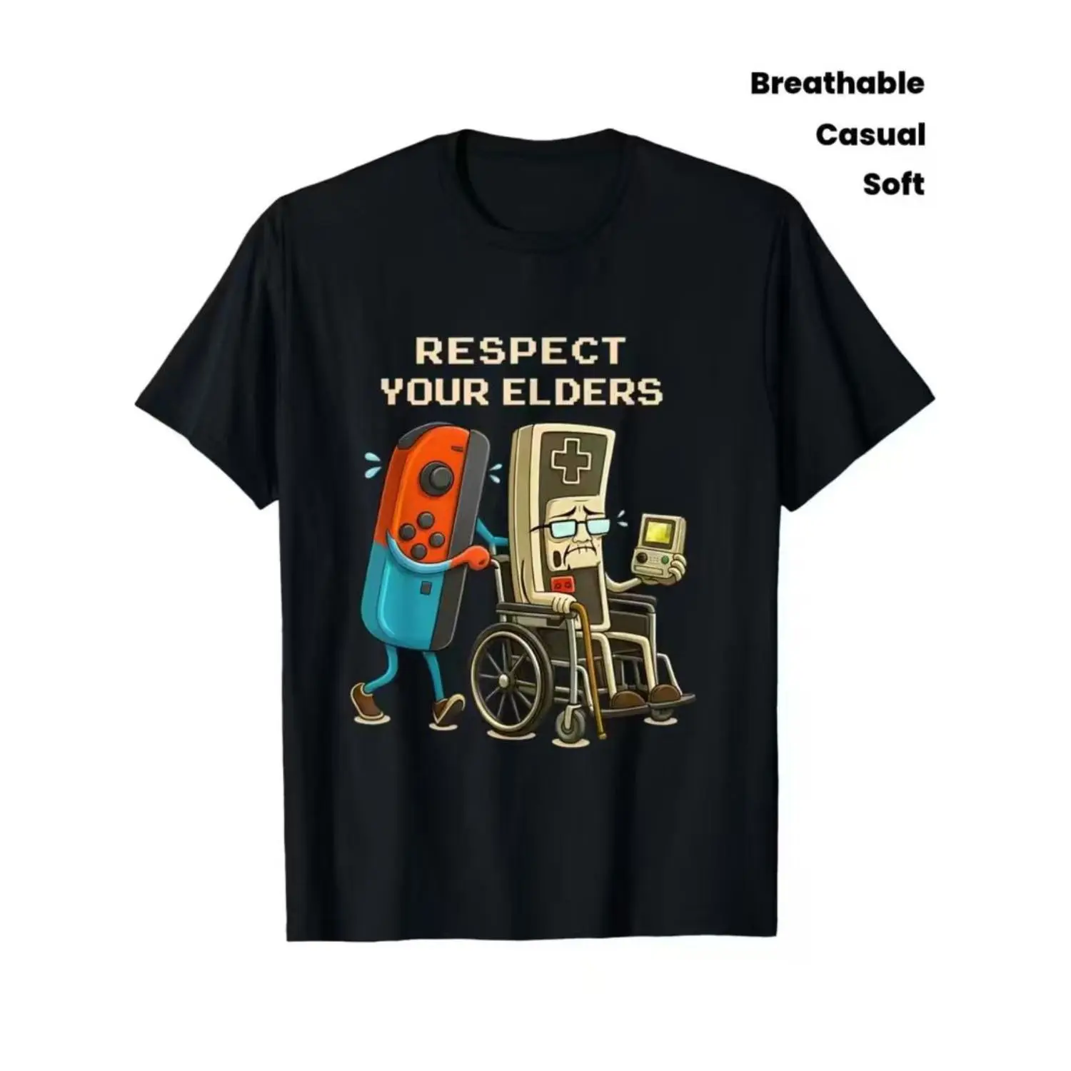 Men's Vintage Gaming T-Shirt Suitable for Casual Wear & Retro Gamer Tee with "Respect Your Elders" & Controller Print - Soft Breathable Crew Neck Short Sleeve Shirt for Summer, Gym, Training - Machine Washable Retro Gamer Apparel