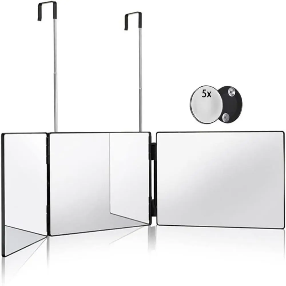 Makeup Mirror 3 Way Mirror for Hair Cutting Bathroom Mirror Trifold Mirror with Height Adjustable Telescoping Hooks with 5X Magnification Mirror