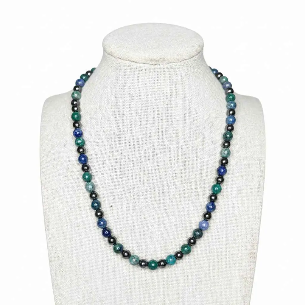Azurite + Hematite Beaded Stretch Necklace | Insight Intuition Clarity, Healing Crystal Jewelry, Gift for Her