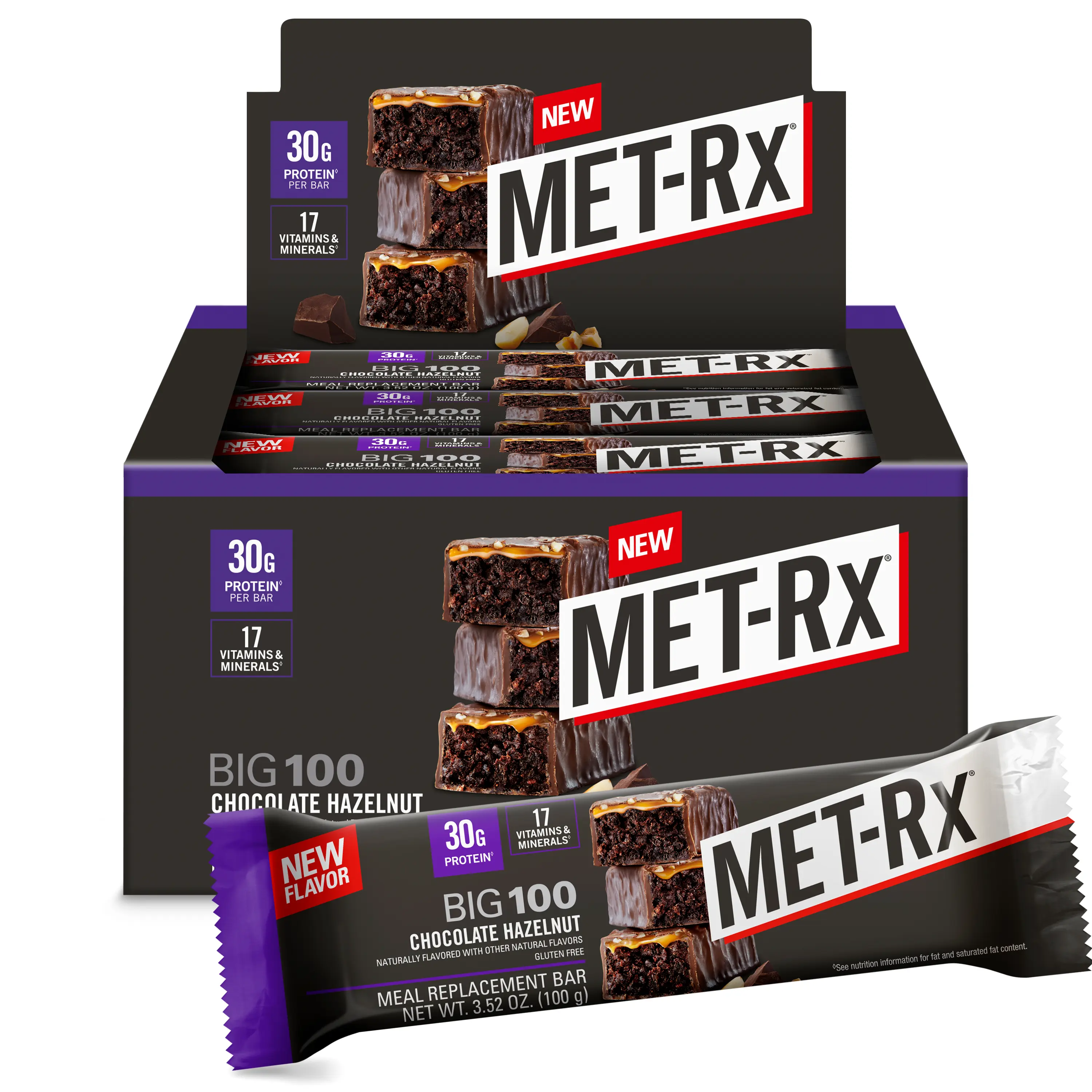 MET-Rx Big 100 Chocolate Hazelnut Protein Bars | 30g Protein | 9 Bars | Meal Replacement | METAMYOSYN Blend MET-Rx Big 100 Chocolate Hazelnut Protein Bars | 30g Protein | 9 Bars | Meal Replacement | METAMYOSYN Blend
