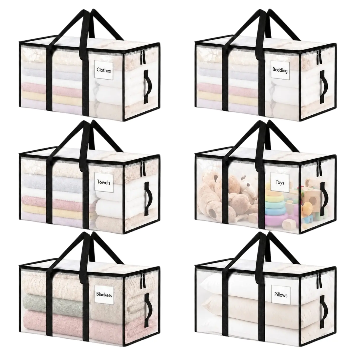 VIREFIRA 3 / 6-Pack Extra Large Clear Storage Bags with Lids, Heavy-Duty Home Organizer Bags with Reinforced Handles, Foldable Transparent Containers for Closet Organization, Seasonal Decor, Home Supplies (Organization Storage Solution)