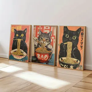 2D/Flat 3pcs/set Retro Cat Eating Ramen Wall Art Canvas Painting, Retro Japanese Poster Printing, Unique Kitchen Decoration, Gift for Noodle Lovers, Quirky Cat Illustration, Beautiful Illustrations, Living Room Canvas Wall Hanging Decor，Unframed
