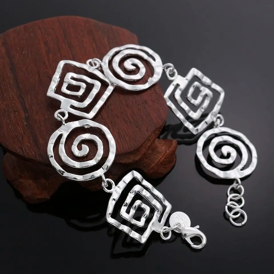 Sterling Silver Plated Spiral Coil Link Geometric Bracelet