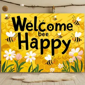 1pc Bee Themed Party Banner - Cute Bee & Honeycomb/flower Patterns with BEE Lettering, Multicolor Shower Decorations, - Polyester Wall Hanging Background Photo Props for Party Supplies