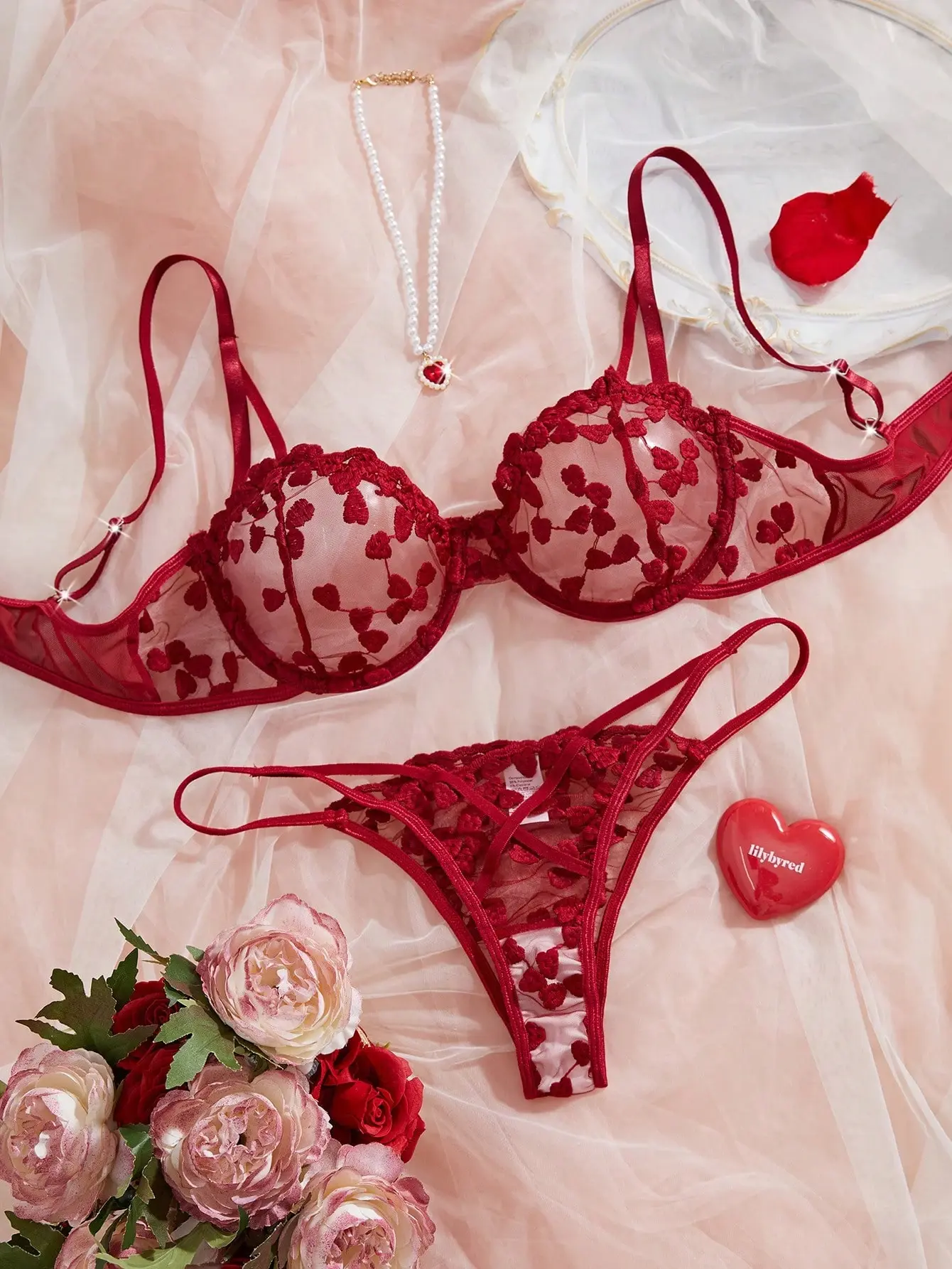 VYNCE Mesh Splice Sexy Lingerie Set Kawaii Heart Design Womens Two Piece Bra And Panty Set Rave Festival Outfit Clubwear Sheer Intimates Nightwear