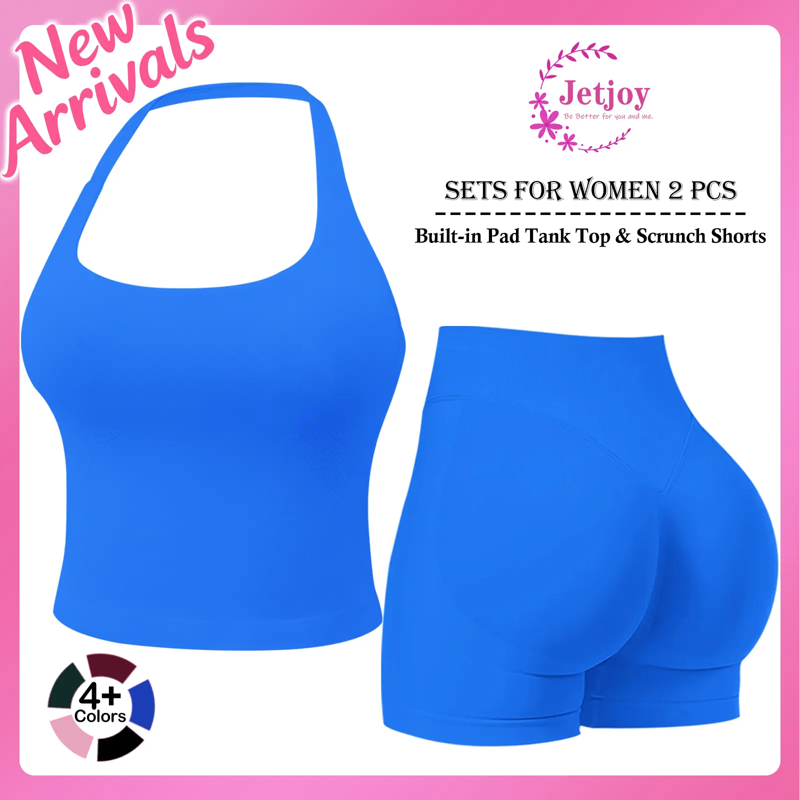 Jetjoy Workout Sets for Women 2 Piece, Gym Sets for Women 2 Piece Gym Outfits Seamless Longline Halter Backless Crop Top Scrunch Bum Shorts athleisure Yoga Outfits Gym Tracksuit summeroutfit
