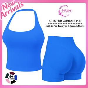 Jetjoy Workout Sets for Women 2 Piece, Gym Sets for Women 2 Piece Gym Outfits Seamless Longline Halter Backless Crop Top Scrunch Bum Shorts athleisure Yoga Outfits Gym Tracksuit summeroutfit