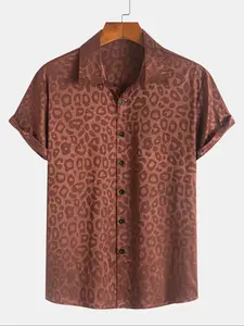 Men's Leopard Jacquard Satin Short Sleeve Shirt, Casual Party Shirt, Regular Fit Casual Soft Comfy Button Front Collared Top for Summer, Fashion Men's Clothes for Daily Wear
