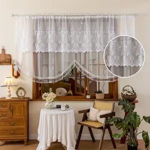French Country Style Sheer Arched Curtain, Floral Pattern Design, Polyester Fabric, Lightweight Breathable, for Living Room, Study, Kitchen